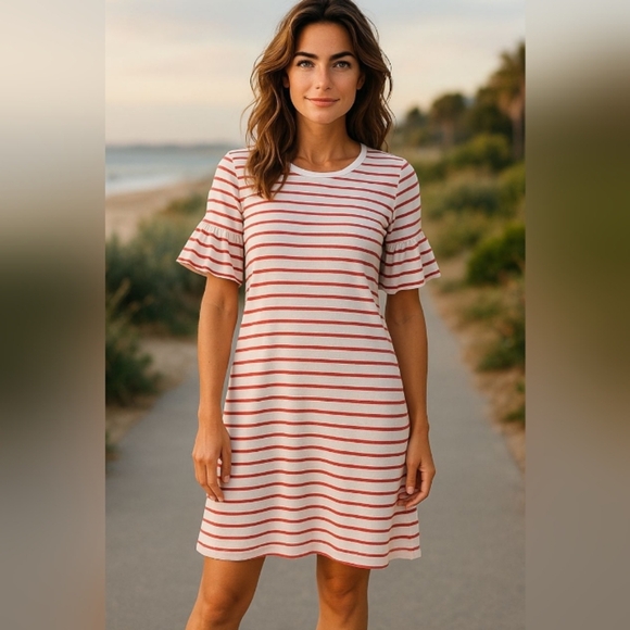 Ann Lane - NWT, Red & White Stripes, A - Line Dress W/ Ruffles On Short Sleeves - Picture 2 of 11